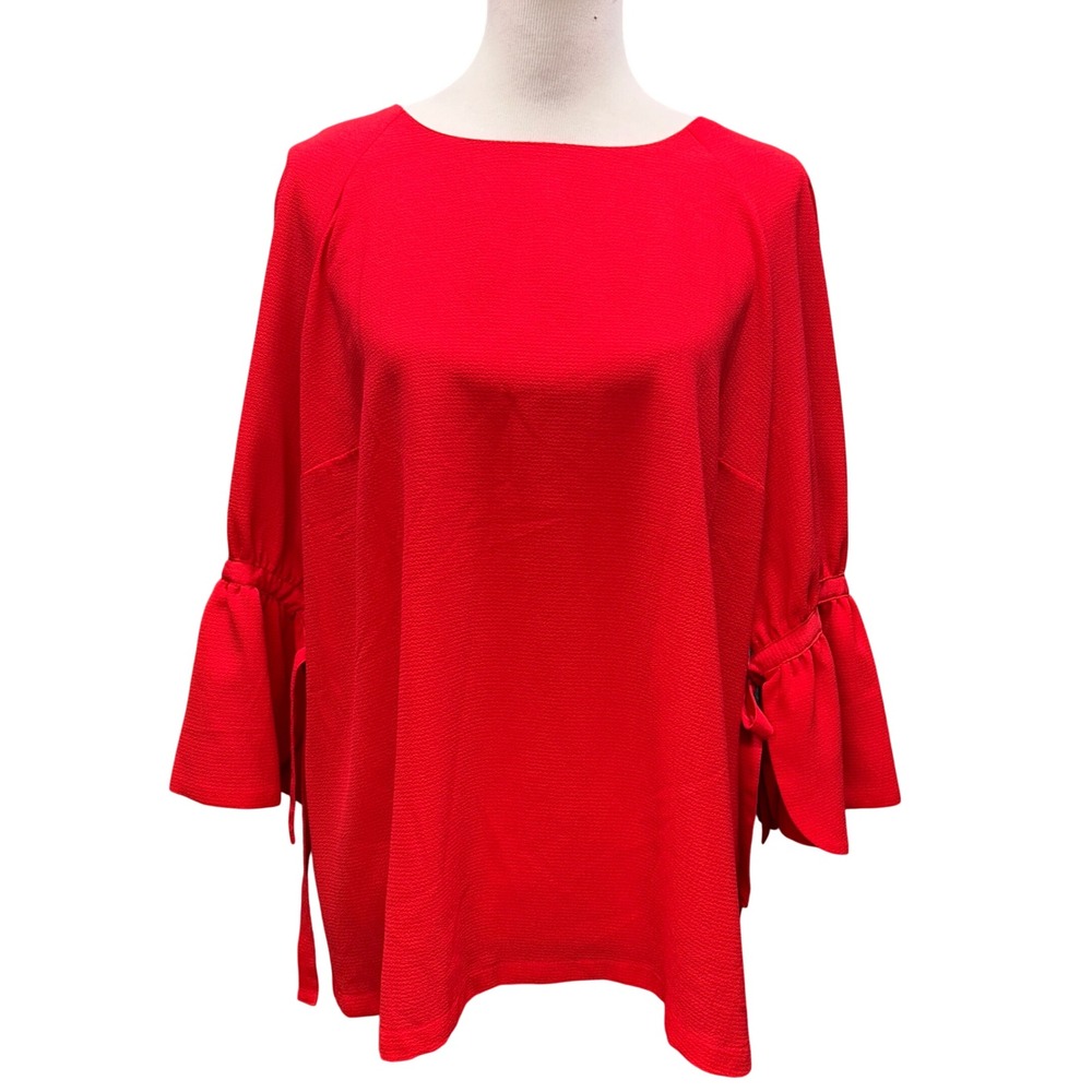 NWT Counterparts Blouse Women XL Fire Red Bell Slv Tie Detail Crepe Top Romantic